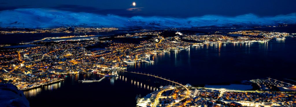 Tromso city at night, from above,Arctic Norway in December